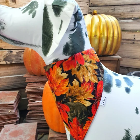 🐶 5 for $15 * Pablo Fall Autumn Leaves/Red Gold Dots Cotton Dog Bandana - Picture 3 of 9